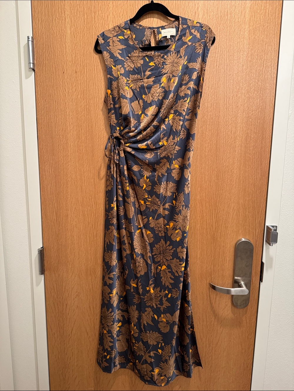 MELLODAY Navy and Gold Floral Side-Ruched Maxi Dress